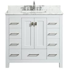 36 inch single sink bathroom vanity in distressed gray with offset right side sink $1,558.00 $1,199.00 sku: Eviva Evvn411 36wh Hampton 36 Inch Transitional Bathroom Vanity With White Carrara Countertop And White Undermount