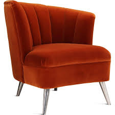 Two armchairs an two armless chairs, orange velvet with nailhead trim. Frida Orange Velvet Accent Chair Right