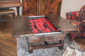 This extra large rustic style coffee table comes with storage chest with a false bottom hidden compartment. Coffee Height Secret Compartment Table For Storing Guns Etsy