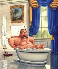 With the tub 1/2 full of water and holding the wet cloth over the overflow vent, a plunger should then be able to clear the clog because it will force water down the drain (horizontal or vertical) rather than pushing water up the overflow pipe (or pulling air down it). Caldecott Medal Contender President Taft Is Stuck In The Tub Wonders In The Dark