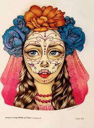 I wanted her flower crown to look like it was made of cloth Sugar skull  Book characters through words and times Artist Christine karron Prismacolor  pencil