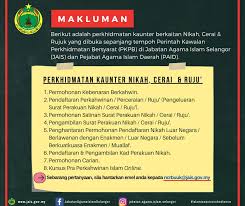 Daftar online boleh buat awal. Jabatan Agama Islam Selangor Makluman Berikut Adalah Perkhidmatan Kaunter Berkaitan Nikah Cerai Rujuk Yang Dibuka Sepanjang Tempoh Perintah Kawalan Perkhidmatan Bersyarat Pkpb Di Jabatan Agama Islam Selangor Jais Dan Pejabat