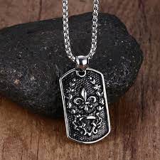 Fleur De Lys Dog Tag Pendant Necklaces For Men Fleur De Lis Lris Stainless Steel Vintage Oxidized Black Gothic Bike Jewelr Bike Jewelry Men S Necklace Necklace
