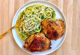 Pressure Cooker Crispy Chicken Thighs With Lemon Herb Zucchini Noodles Mealthy Com Recipe Crispy Chicken Thighs Crispy Chicken Zucchini Noodles
