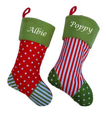 Owl, christmas, red, green, stocking, stockings, candy, gingerbread, winter, ear muffs, whimsical, cute. Personalised Embroidered Christmas Stocking Red Green Spot Stripe Hoolaroo