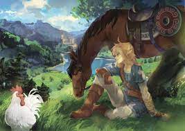 all male animal aqua eyes bird blonde hair boots building epona gloves  grass green horse landscape link (zelda) male pointed ears ponytail ram ( moekki) scenic the legend of zelda tree | konachan.com -