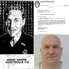ESCAPEE LAW ENFORCEMENT HISTORY: In a very short time with Fayetteville  Arkansas Police Department, Grant Hardin compiled a nearly 200 page  personel file. Pictured is his photo and termination letter from FPD.