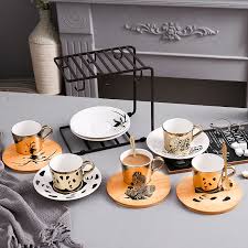 Specular reflection Ceramic Coffee cups and saucers scoop Upgraded high end  wooden plate English afternoon tea cup Set Gold Mug|Mugs| - AliExpress