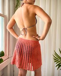 70s Coral Crochet Cover-up Skirt | S - Lucky Vintage