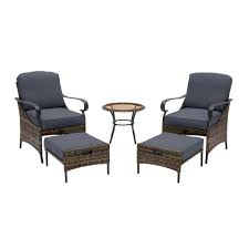 Hampton Bay Layton Pointe 5 Piece Brown Wicker Outdoor Patio Conversation Seating Set With Standard Sky Blue Cushions L19006b 2 Small Patio Furniture Blue Cushions Glass Top Side Table