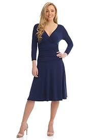 Rekucci Women S Slimming 3 4 Sleeve Fit And Flare Crossover Tummy Control Dress Petite 2short Navy Fashion Clothes Women Fashion Slim Dresses