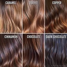 Hair Color Chart Top Left To Bottom Right Caramel Toffee Copper Cinnamon Chocolate Dark Chocolate Hair Hair Color Light Brown Hair Color Chocolate