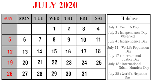 July 2020 Calendar With Holidays Printable In 2020 Holiday Calendar Printable Printable Notes Templates Holiday Calendar