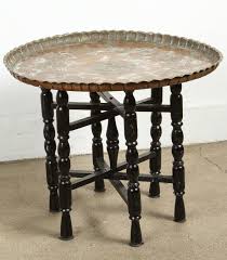 Mexican round copper table top hand hammered 48 inches stained patina table. Vintage Middle Eastern Etched Round Copper Tray Table At 1stdibs