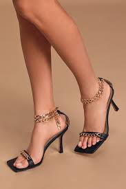 Black Ankle Strap High Heel Sandals Alivia Black And Gold Chain Ankle Strap High Heel Sandals In 2020 Black Strap Heels Ankle Wrap Heels Sandals Heels