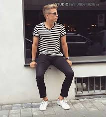 Black And White Striped T Shirt Outfit Minimal Summer Combo With A Black White Striped T Shirt Black Trousers Wrist Accessories No Show Mens Street Style Mens Casual Outfits Mens Fashion Inspiration