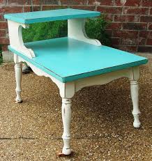 Turquoise Antiqued White End Table Refinishing Furniture Furniture Furniture Makeover