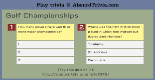 Plus, get an introduction to the parts of a golf course and clubs, and frequently asked questions. Trivia Quiz Golf Championships