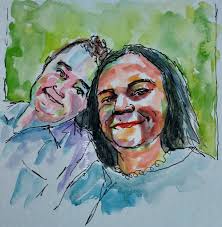 Watercolor sketch of wedding day friends