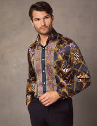 Black And Gold Dress Shirt Mens Men S Curtis Black Gold Animal Print Slim Fit Shirt 100 Silk Hawes Curtis Estilo Masculino Ropa Alternativa Camisas