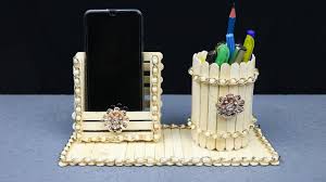 Homemade Pen Stand And Mobile Phone Holder With Ice Cream Sticks Best Out Of Waste Youtube In 2020 Ice Cream Stick Lolly Stick Craft Craft Stick Crafts