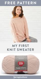 Free knitting pattern for my first knit sweater. Free My First Knit Sweater Pattern Using Red Heart Hygge Charm Yarn Designed By Marly Bird My Firs Sweater Knitting Patterns Sweater Pattern Knitted Sweaters