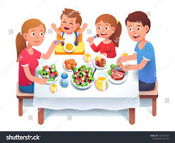 Father Mother Daughter Son Kids Having Home Family Dinner Or Lunch Sit At Table Mom Feeding Toddler Child In Chair H Family Cartoon Feeding Toddlers Kids