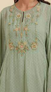 Paisley motif of chikankari embroidery design for all over kurti & all dress hello viewers video tutorial by dazak arts on simple all over design for dress/kurti using hand embroidery stitches. Buy Indian Designer Mint Embroidered Kurti With Palazzo By Ritu Kumar Online Embroidered Kurti Kurti Embroidery Design Kurti Neck Designs