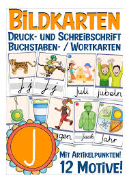Buchstabe J Bildkarten Einfuhrung Druckschrift Und Schreibschrift Unterrichtsmaterial In Den Fachern Daz Daf Deutsch Druckschrift Bildkarten Lesen Lernen