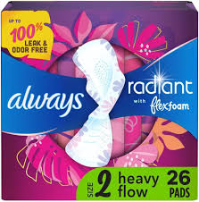 Always Radiant with FlexFoam Pads, Size 2, Heavy Absorbency, with Wings,  Lightly Scented, Up to ZERO leaks, ZERO feel, ZERO odor, 26 Count :  Amazon.ca: Sports & Outdoors