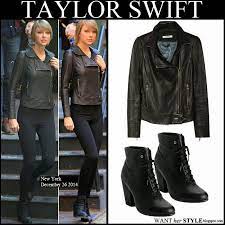 What She Wore Taylor Swift In Black Leather Biker Jacket With Black Leggings And Black Lace Up Ankle Boots In New York On December 26 Biker Outfit Black Leather Biker Jacket