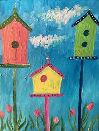 Great Painting For Kids Acrylic On Canvas Birdhouses Spring Kids Canvas Painting Acrylic Painting For Kids Spring Painting