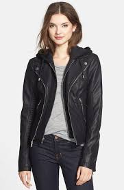 Guess Faux Leather Moto Jacket With Cable Knit Hooded Bib Inset Online Only Nordstrom Faux Leather Moto Jacket Leather Jacket Girl Moto Jacket