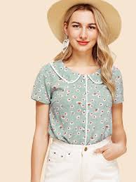 Floral Print Peter Pan Collar Shirt Shein Sheinside Peter Pan Collar Shirt Collar Shirts Preppy Casual