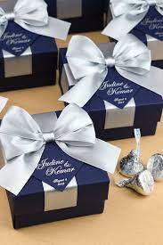 30 Navy Blue Silver Wedding Favor Gift Box With Satin Ribbon Bow And Your Names Elegant Bonbonniere Personalized Wedding Favors For Guests In 2021 Wedding Favor Gift Boxes Wedding Gift