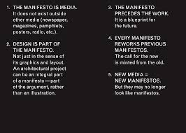 Manifesto hem sanatta hem de siyaset de yoğun olarak kullanılan bir terimdir. Manifesto Architecture Sternberg Press