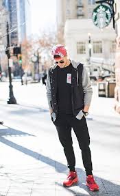 Black And Red Joggers Mens With Black T Shirt Gray And Black Jacket Red Printed Cap And Red Sneakers Fashion Joggers Mens Street Style Mens Outfits
