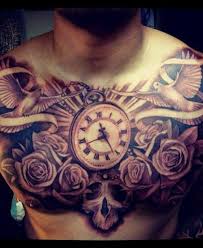 Clock Flowers Chest Tattoo For Men Chest Piece Tattoos Pieces Tattoo Tattoos For Guys