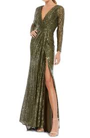 Be the first to write a review. Women S Mac Duggal Long Sleeve Sequin Faux Wrap Gown Editorialist