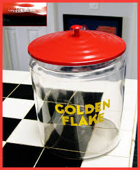 Golden Flake Potato Chip Jar With Rare Original Metal Lid With Golden Flake Stamped Into Metal Vintage Jars Jar Gatorade Bottle