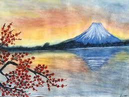 Flowers And Mt Fuji Painting By Luxmy Begum