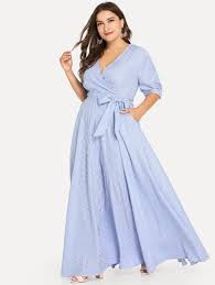 Plus Self Belted Pinstripe Wrap Dress Shein Sheinside Grote Maten