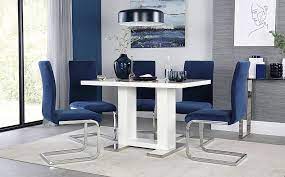 Perth white leather dining chair (gold leg) (14) £79.99 each. Joule White High Gloss Dining Table With 6 Perth Blue Velvet Chairs Furniture And Choice