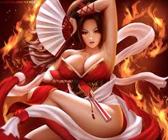 yupachu, shiranui mai, fatal fury, snk, the king of fighters, 1girl, bare  shoulders, breasts, cleavage, fire, huge breasts, japanese clothes, long  hair, looking at viewer, ponytail, revealing clothes, solo 