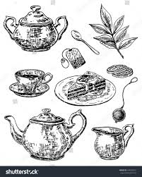 Vector Ink Hand Drawn Style Tea Set With Sugar Bowl Teapot Cup Saucer And Spoon Tea Bag Strainer Lemon Tea Lea How To Draw Hands Tea Pots Teapot Drawing