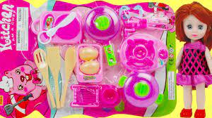 Kids Toy Kitchen Set Unpacking Baby Doll Play Cooking Youtube