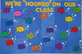 We Re Hooked On Our Class Fish Themed Bulletin Board Idea Preschool Bulletin Preschool Bulletin Boards Fish Bulletin Boards