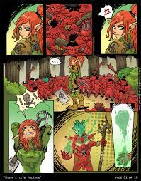 1girls akabur armor armour breasts comic elf female flanna frown  goblin goblin male goblins hammer large breasts magic male melee weapon  multiple males page 1 pauldrons ponytail red hair