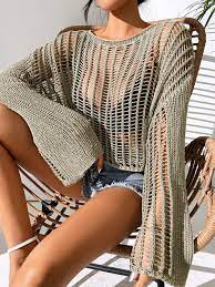 Amazon.co.jp: オープンニットベルスリーブシアーセーターノーブラ 女性用クロップトップセーター ニットジャンパー (Color : G,  Size : S.) : ファッション