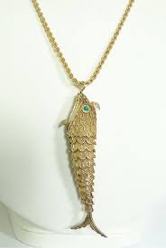 Large Koi Fish Pendant Vintage Chinese Export Gold Wash Silver Vinaigrette Necklace Pendant Turquoise Eyes Silver